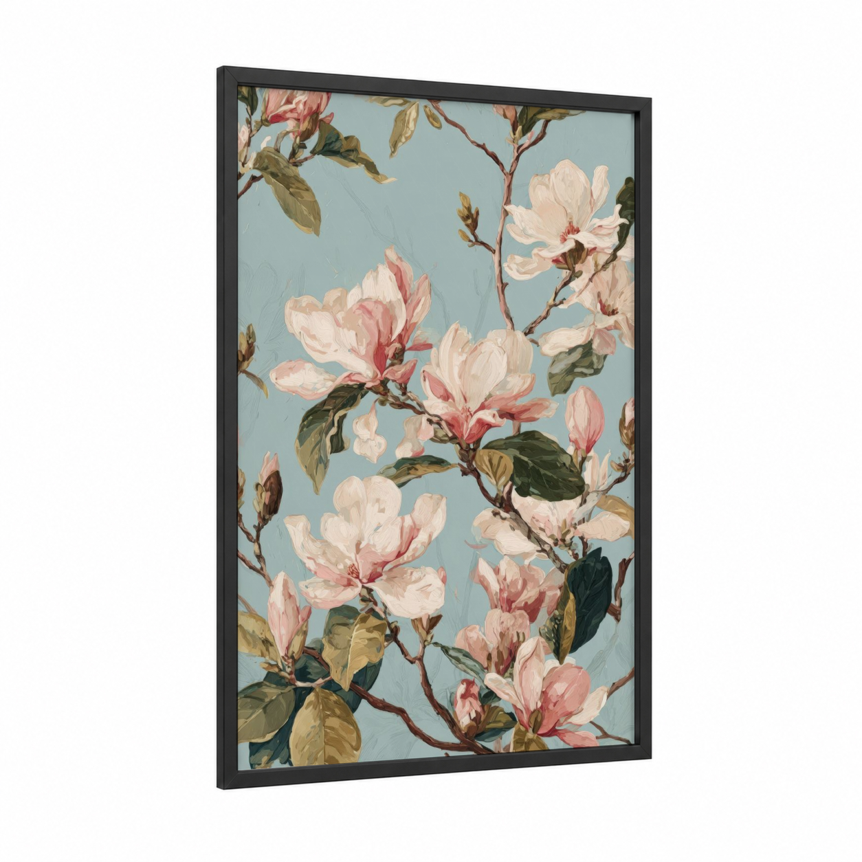 Blush Magnolia framed art print — black wood frame — peach and bermuda gray palette