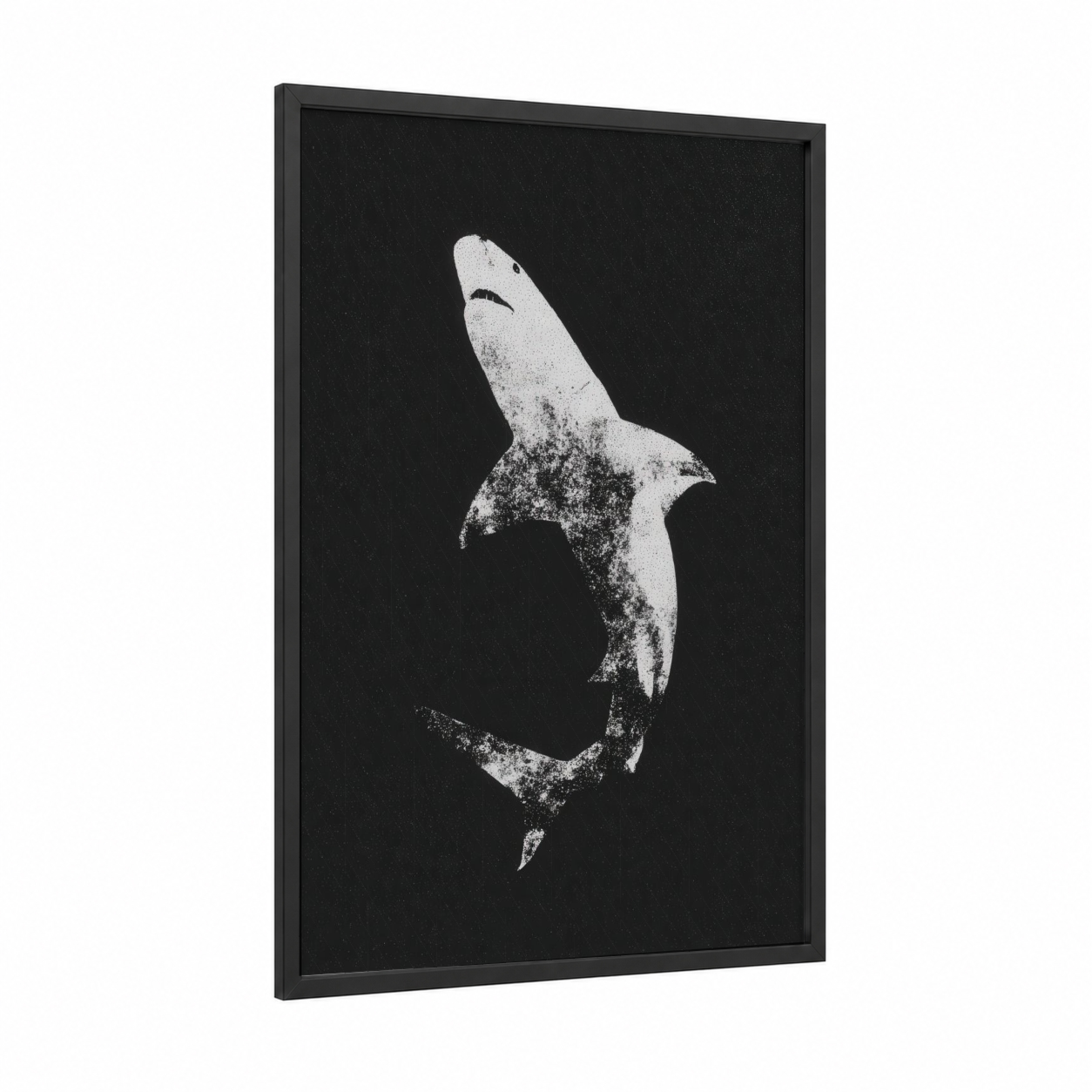Diving Bull Shark framed art print — black wood frame — black and white palette