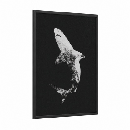 Diving Bull Shark framed art print — black wood frame — black and white palette