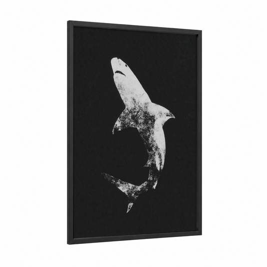 Diving Bull Shark framed art print — black wood frame — black and white palette