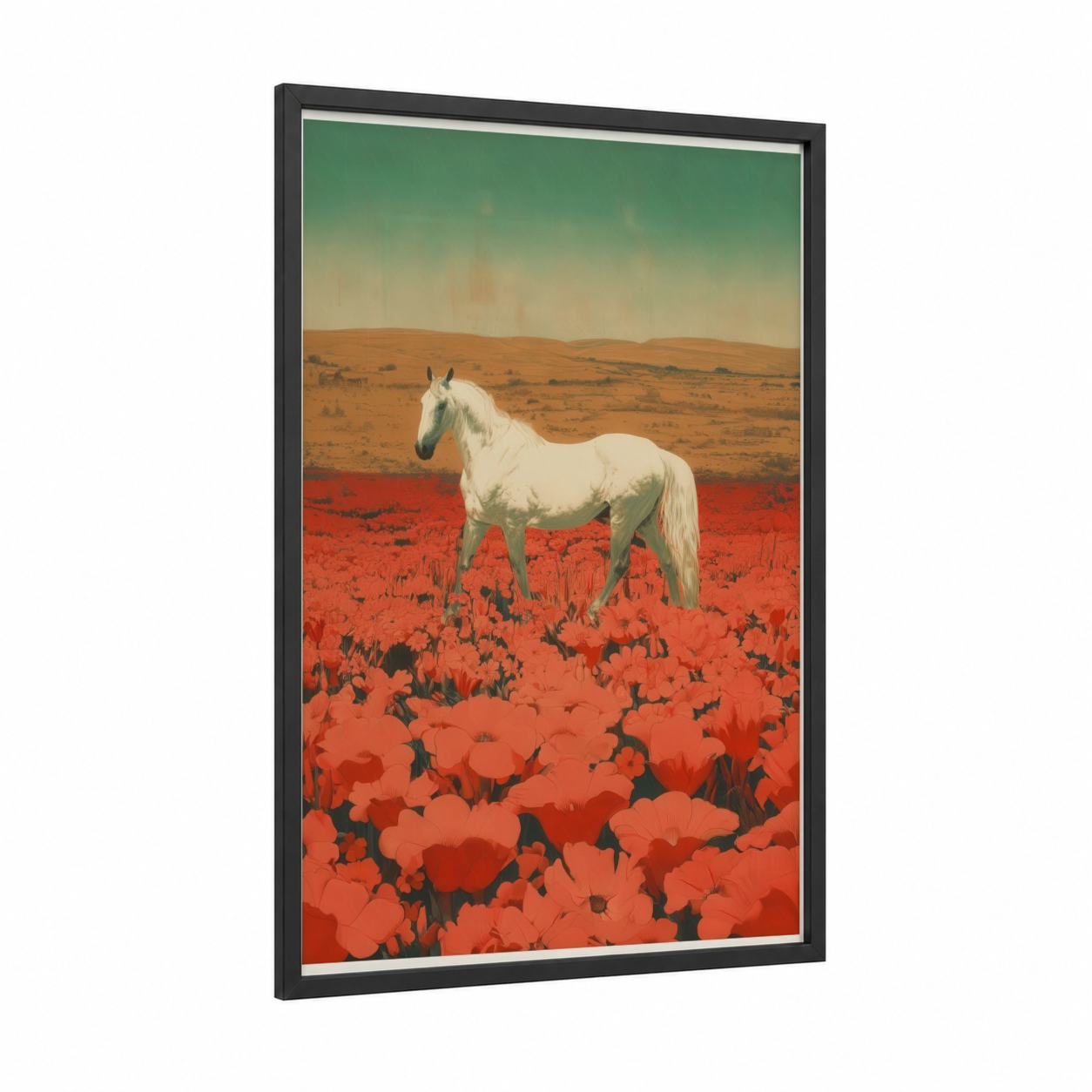 Poppy Field Arabian framed arabian horse print — black wood frame — red and cream palette