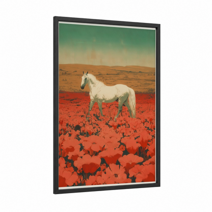 Poppy Field Arabian framed arabian horse print — black wood frame — red and cream palette
