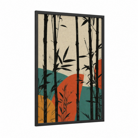 Autumn Bamboo Forest framed art print — black wood frame — teal palette