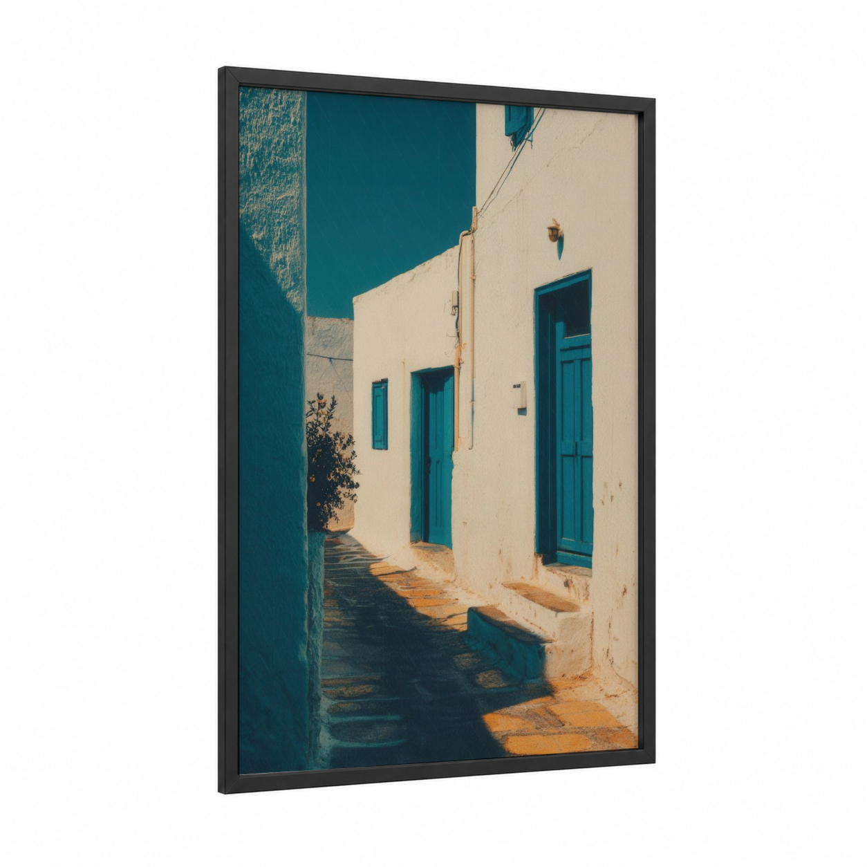 Coastal Village Alley framed art print — black wood frame — teal and cream palette