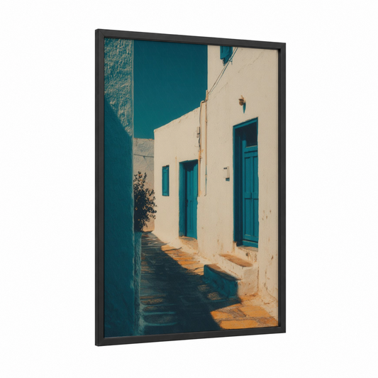 Coastal Village Alley framed art print — black wood frame — teal and cream palette