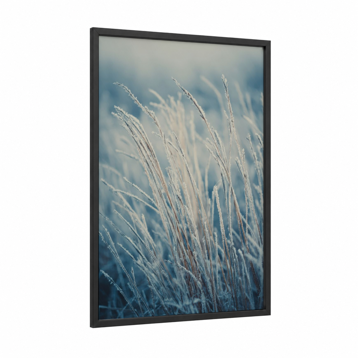 Frosted Grass Morning framed art print — black wood frame — blue and white and dove gray palette