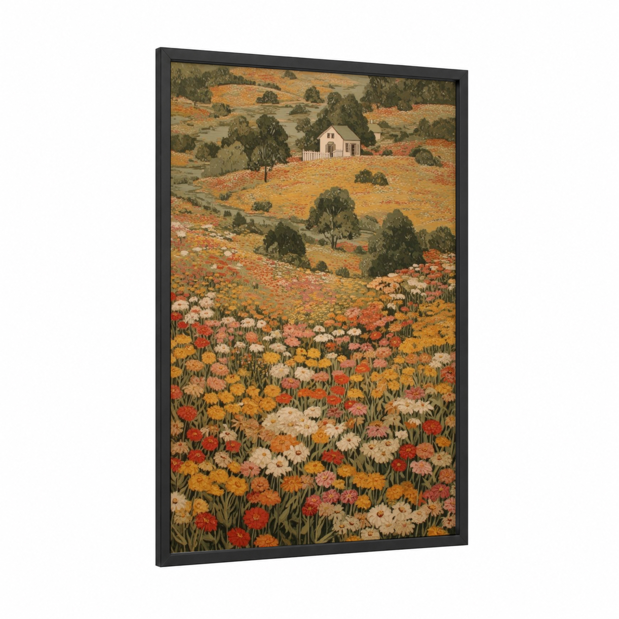 Wildflower Cottage framed flower field print — black wood frame — gold and orange palette