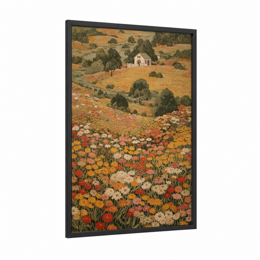 Wildflower Cottage framed flower field print — black wood frame — gold and orange palette