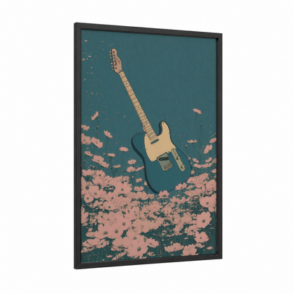 Floral Guitar Dream framed electric guitar print — black wood frame — teal and salmon pink palette