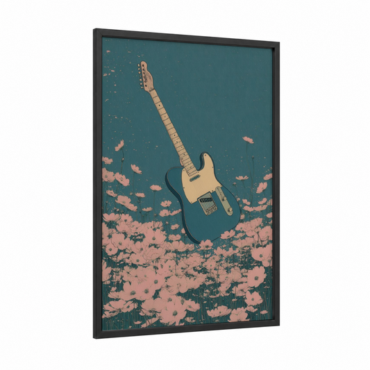 Floral Guitar Dream framed electric guitar print — black wood frame — teal and salmon pink palette