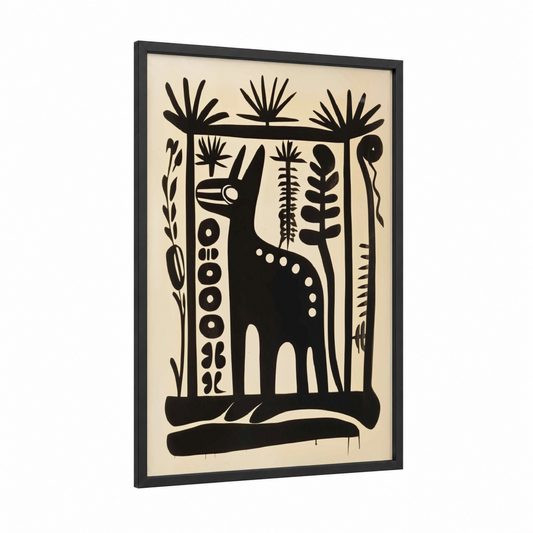 Geometric Llama framed abstract traditional print — black wood frame — black and cream palette