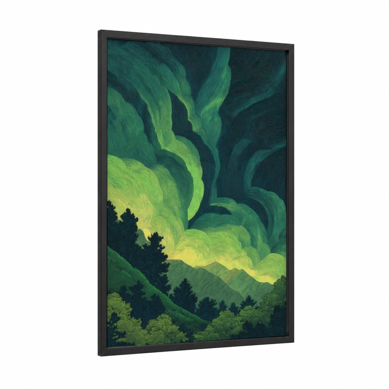 Luminous Tornado framed art print — black wood frame — light green and dark green palette