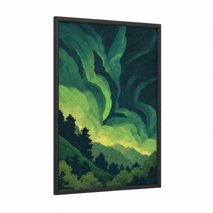 Luminous Tornado framed art print — black wood frame — light green and dark green palette