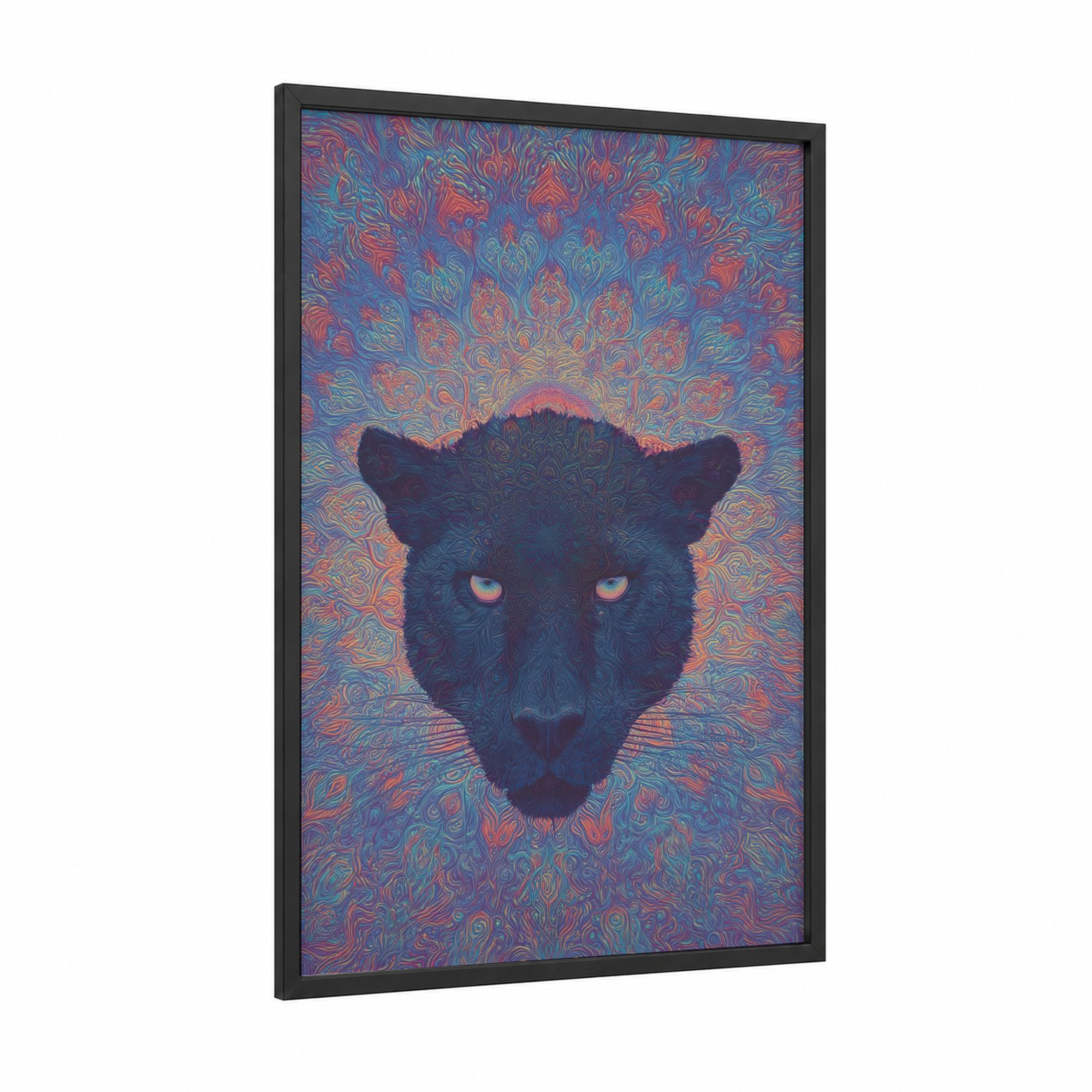 Cosmic Panther framed art print — black wood frame — blue and orange palette