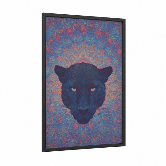 Cosmic Panther framed art print — black wood frame — blue and orange palette