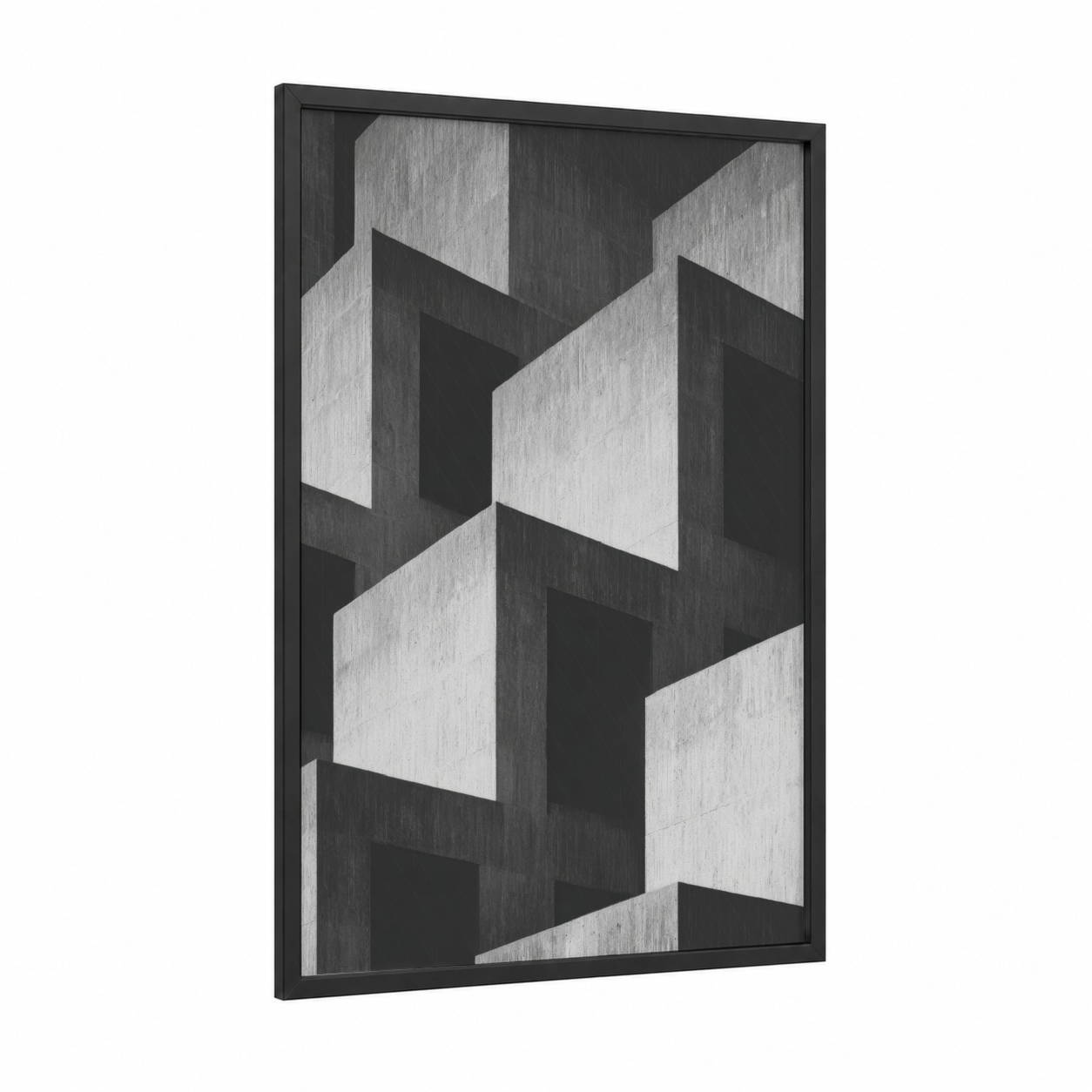 Geometric Masonry framed art print — black wood frame — black and white and gray palette