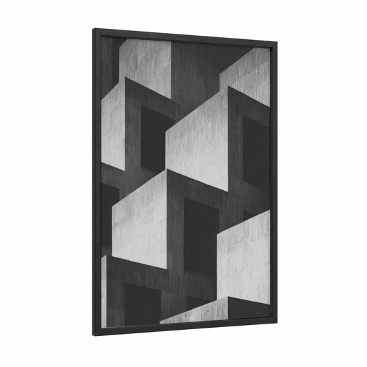 Geometric Masonry framed art print — black wood frame — black and white and gray palette
