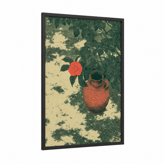 Garden Rose Tea framed art print — black wood frame — cream and dark green palette