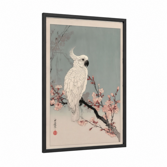 Sulphur Cockatoo Blossoms framed safari parrots print — black wood frame — white and blue and gray palette