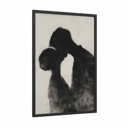 Silhouette Kiss framed valentine's day print — black wood frame — black and white and gray palette