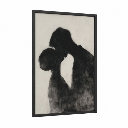 Silhouette Kiss framed valentine's day print — black wood frame — black and white and gray palette