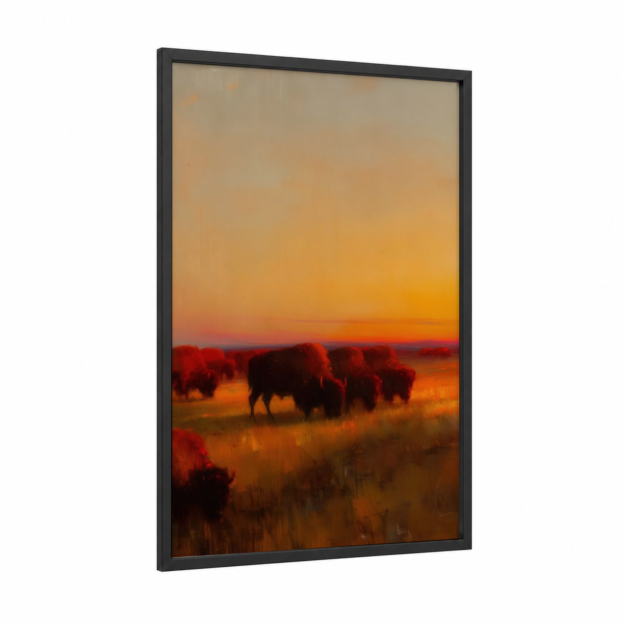 Golden Bison Sunset framed art print — black wood frame — gold and orange palette