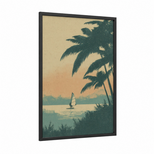 Tropical Windsurfing framed art print — black wood frame — cream and teal palette