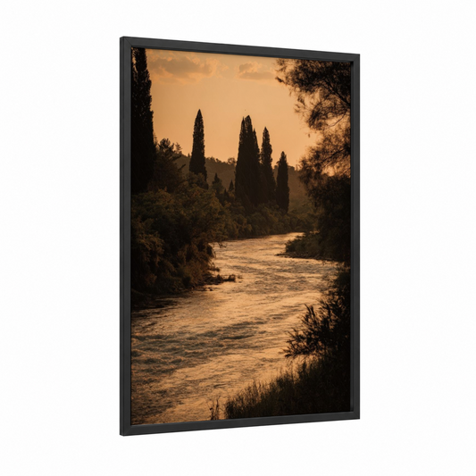 Golden River Valley framed rivers print — black wood frame — gold and black palette