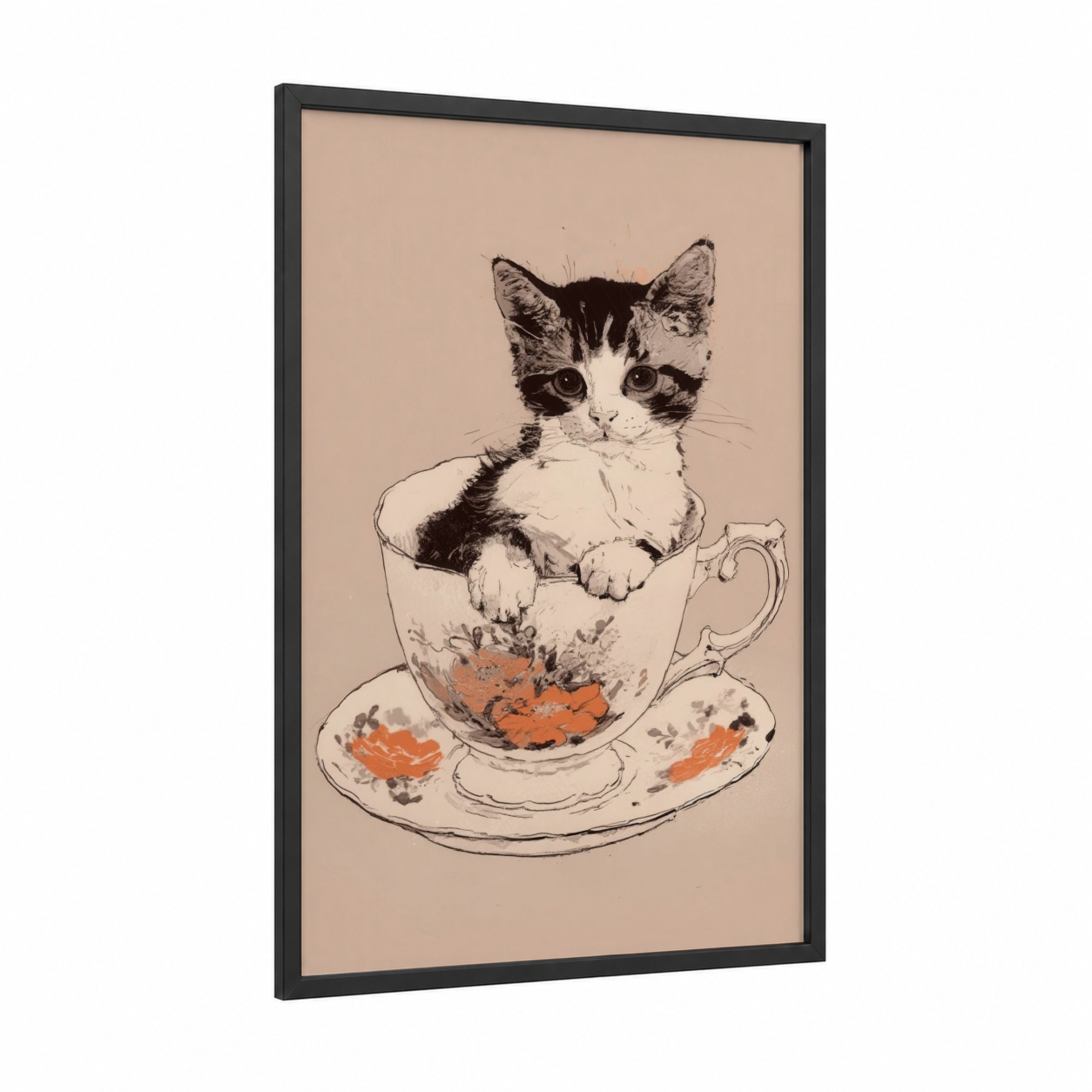 Teacup Kitten framed cat print — black wood frame — beige and black and white palette