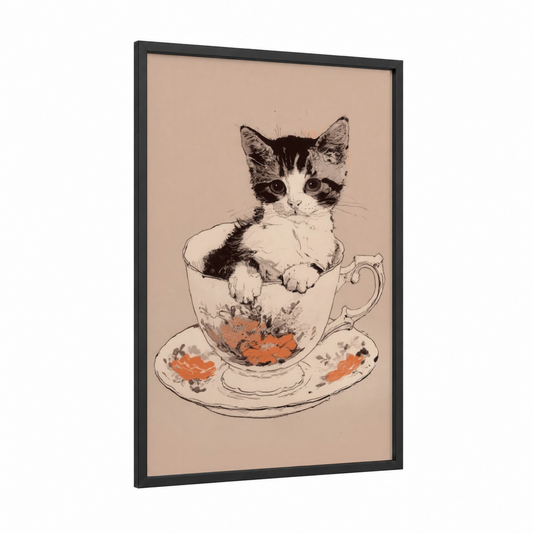 Teacup Kitten framed cat print — black wood frame — beige and black and white palette