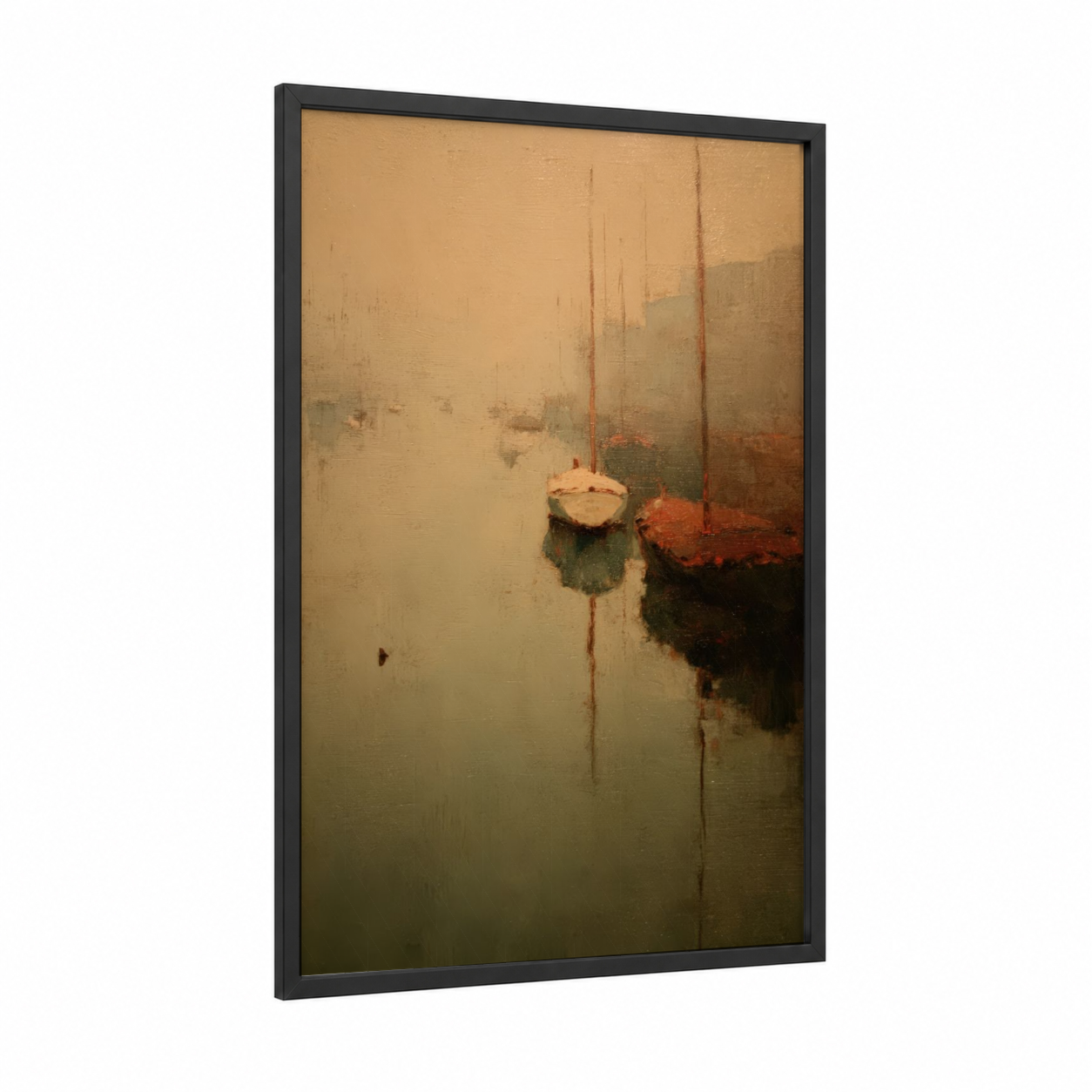 Misty Harbor Reflections framed art print — black wood frame — champagne gold and sage green palette