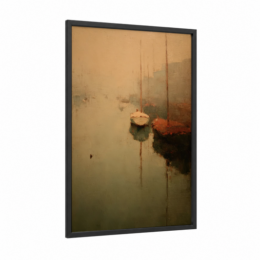 Misty Harbor Reflections framed art print — black wood frame — champagne gold and sage green palette