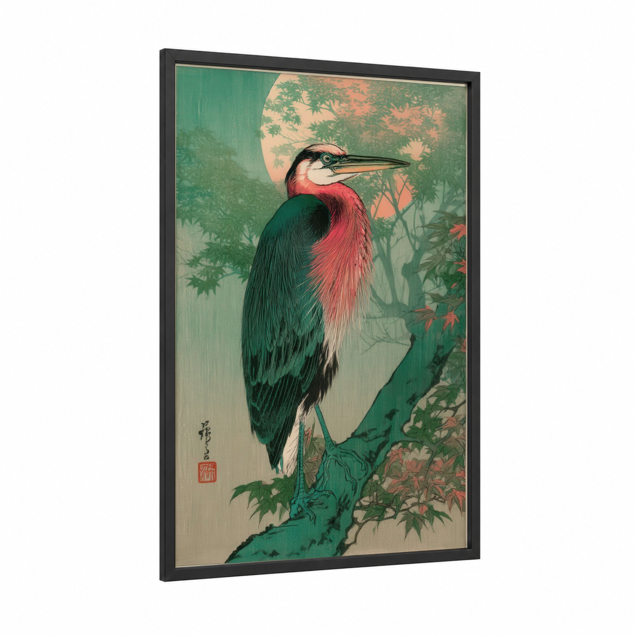 Crimson Heron framed art print — black wood frame — teal and salmon pink palette