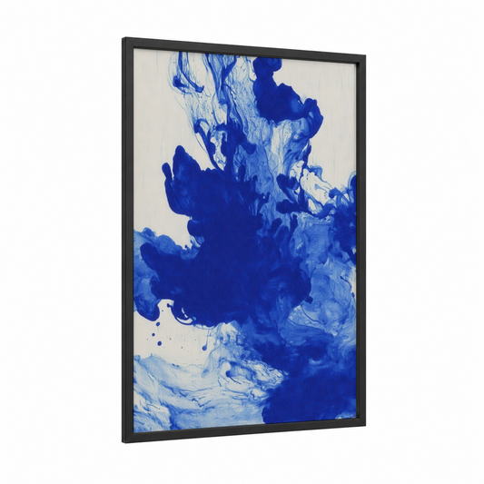 Cobalt Ink Flow framed abstract minimalist print — black wood frame — blue and white palette