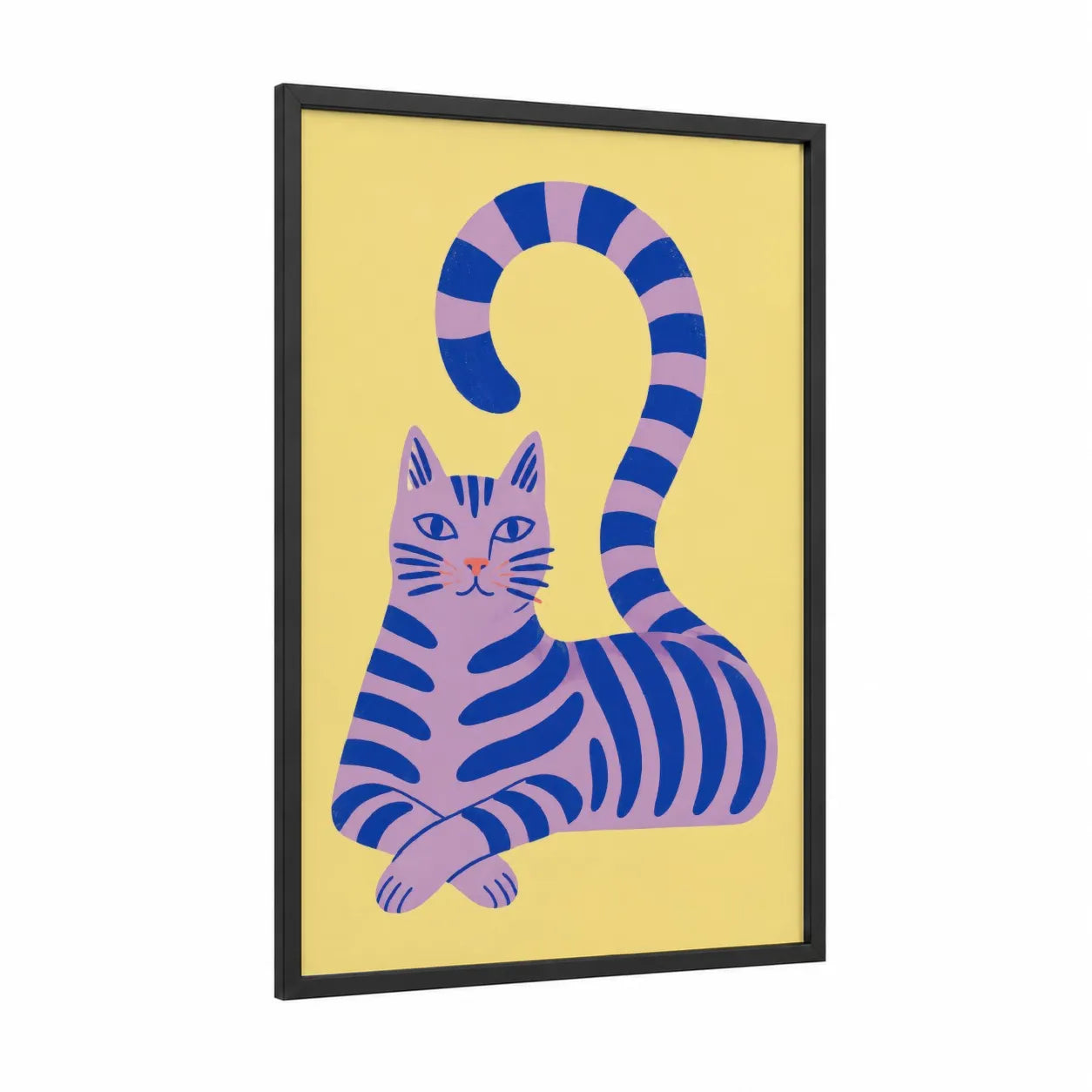 Striped Cat Geometric Wall Art framed art print — black wood frame — blue and yellow palette