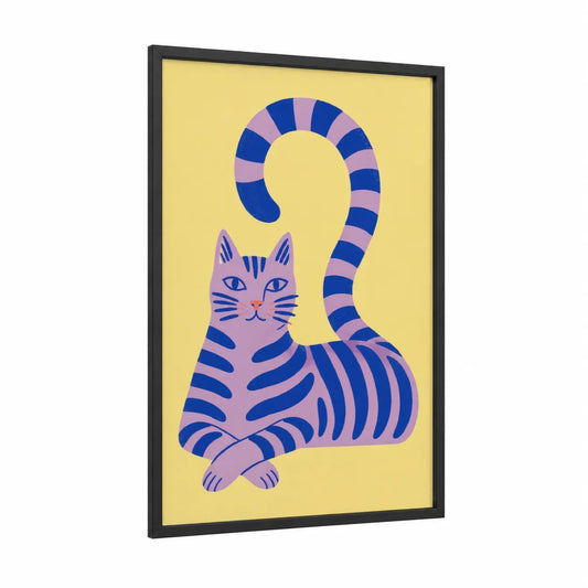 Striped Cat Geometric Wall Art framed art print — black wood frame — blue and yellow palette