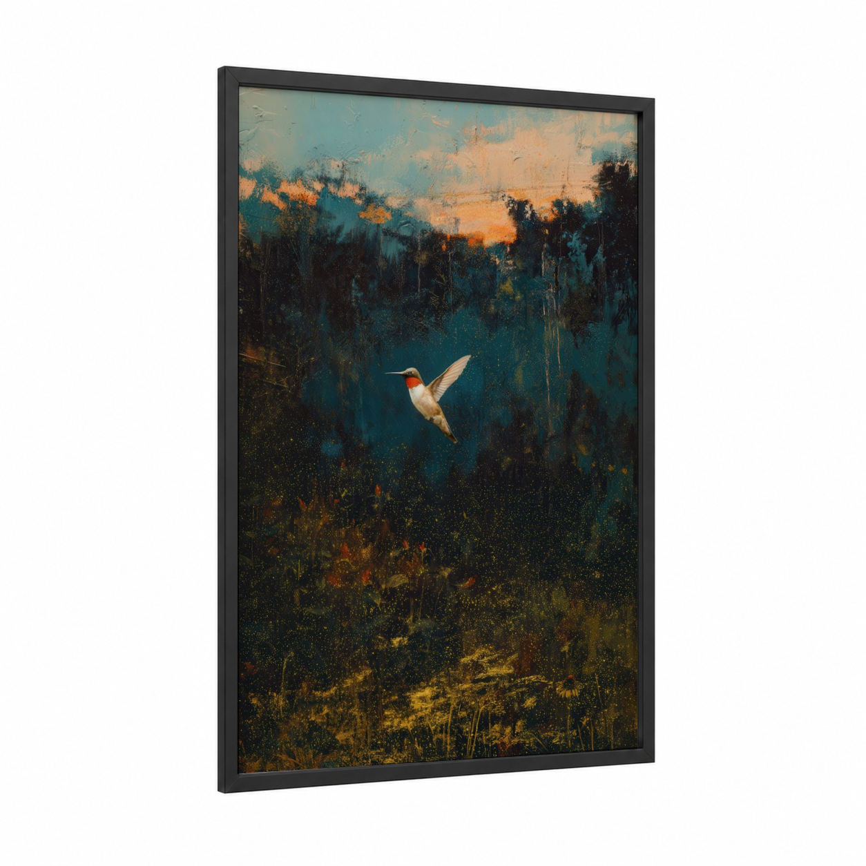 Golden Hummingbird framed art print — black wood frame — teal and gold palette