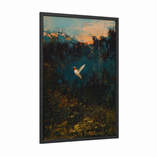 Golden Hummingbird framed art print — black wood frame — teal and gold palette