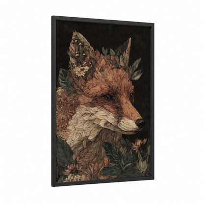 Floral Fox Portrait framed art print — black wood frame — russet and sage green palette