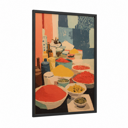 Spice Market Palette framed herbs and spices print — black wood frame — red and gold palette