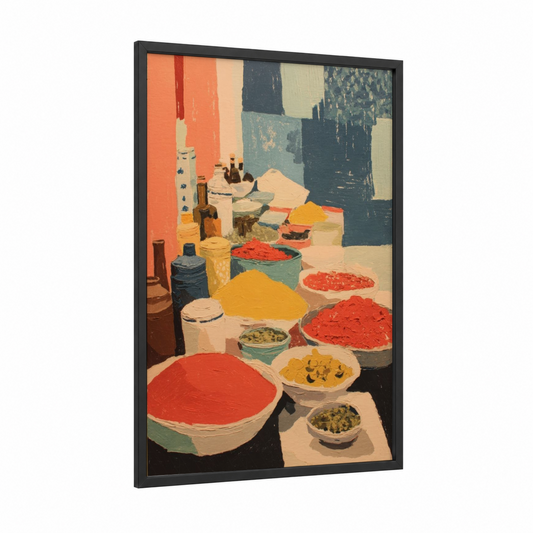 Spice Market Palette framed herbs and spices print — black wood frame — red and gold palette