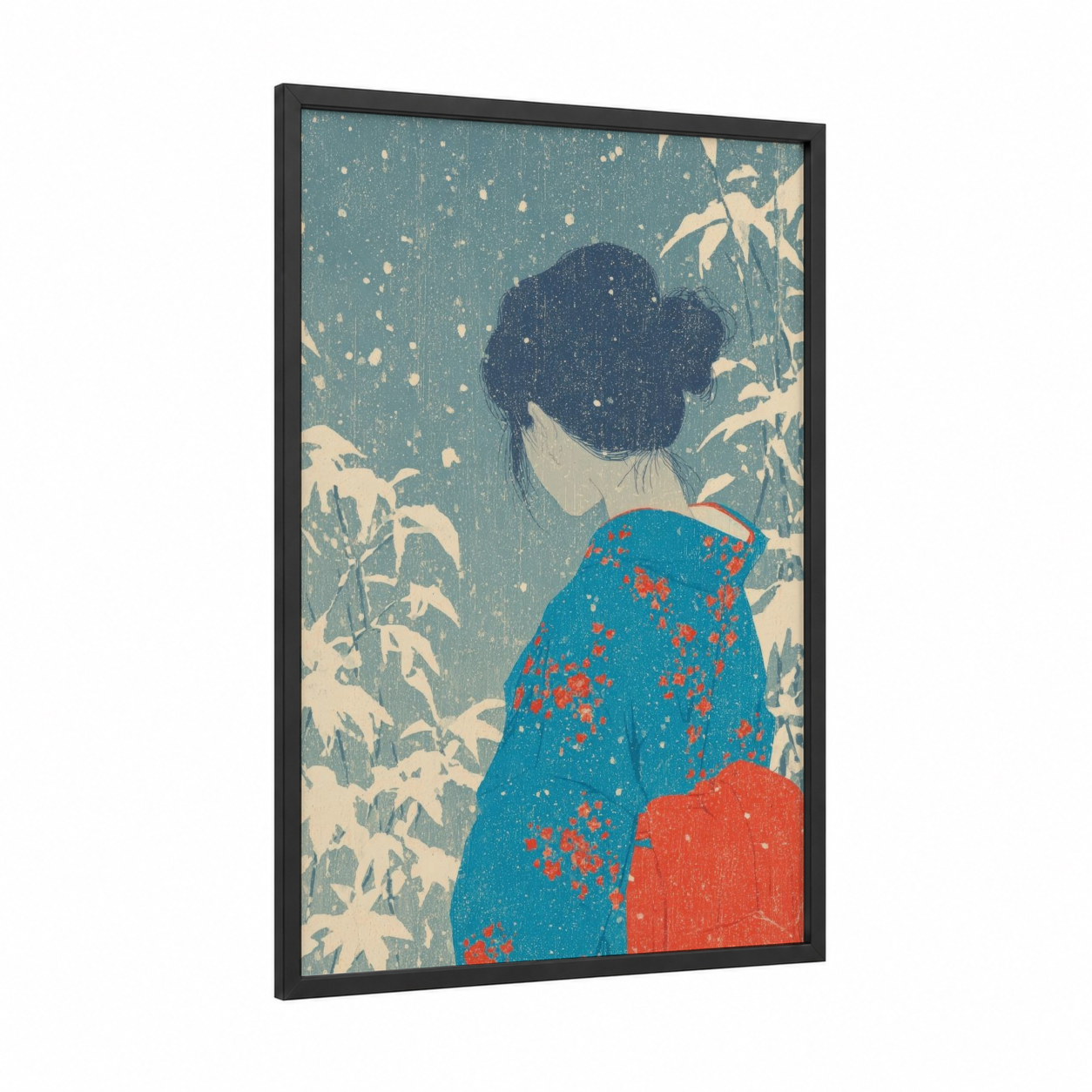 Vintage Garden Girl framed retro fashion print — black wood frame — teal and red palette
