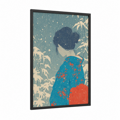 Vintage Garden Girl framed retro fashion print — black wood frame — teal and red palette