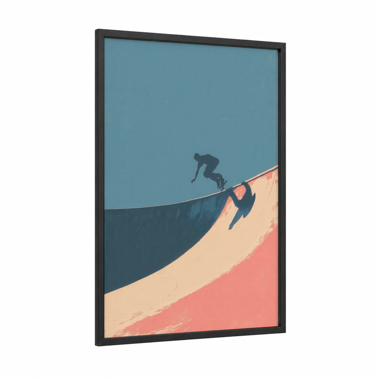 Bowl Rider framed skateboarding print — black wood frame — blue and salmon pink palette