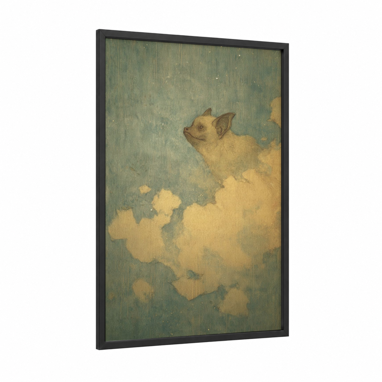 Dreaming Bat framed art print — black wood frame — sage green and cream palette