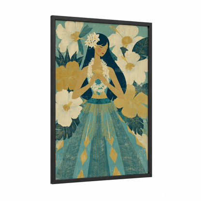 Tropical Hula Dancer framed art print — black wood frame — teal and gold palette