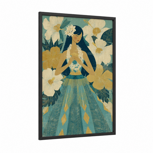 Tropical Hula Dancer framed art print — black wood frame — teal and gold palette