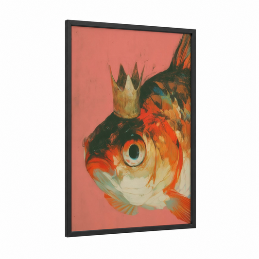 Crowned Zebrafish framed art print — black wood frame — orange and gold palette