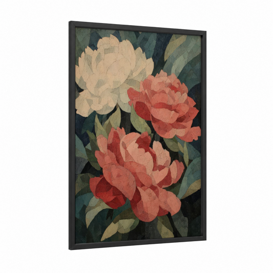 Crimson Peony Blooms framed art print — black wood frame — salmon pink and sage green palette