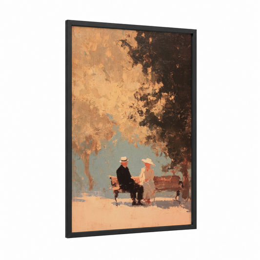 Bench Conversation framed couple print — black wood frame — gold and russet palette